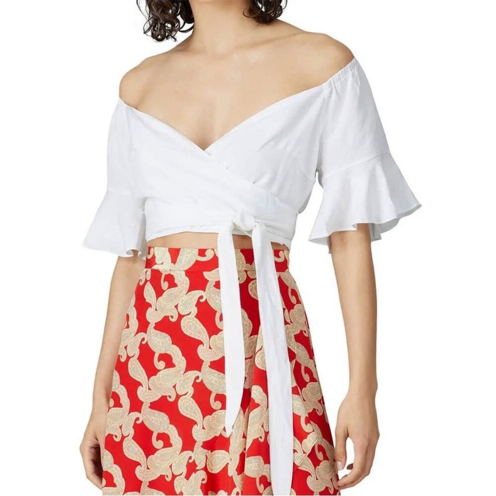 leRumi Denali Top Medium Off Shoulder Wrap Cropped Surplice V-Neck Linen Blend - Picture 9 of 9